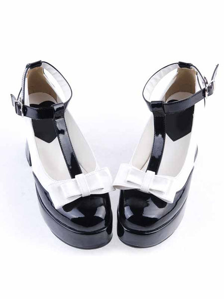 Black PU Leather T-strap Bow Lolita Shoes