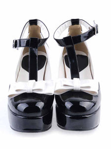 Black PU Leather T-strap Bow Lolita Shoes