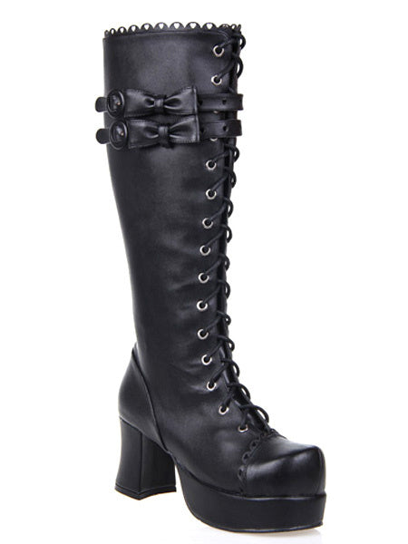 Black Lolita Boots Chunky Heels Platform Shoelace Straps Bows