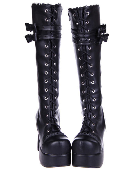 Black Lolita Boots Chunky Heels Platform Shoelace Straps Bows