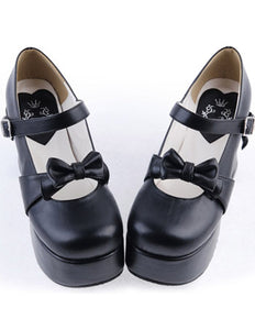 Matte Black Lolita Chunky Heels Shoes Platform Bows Decor Buckle