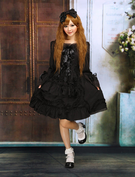 Black Bows Lace Cotton Classic Lolita Dress
