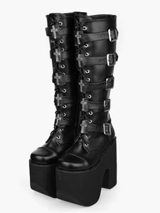 Gothic Black Lolita Boots High Platform Buckles Cross Print