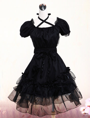 Pure Black Lolita One-piece Dress Short Sleeves Lace Trim Neck Straps