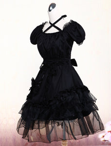 Pure Black Lolita One-piece Dress Short Sleeves Lace Trim Neck Straps