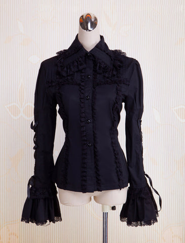 Black Cotton Lolita Blouse Long Hime Sleeves Lace Up Lace Trim Turn-down Collar
