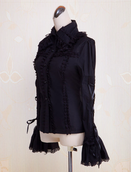 Black Cotton Lolita Blouse Long Hime Sleeves Lace Up Lace Trim Turn-down Collar