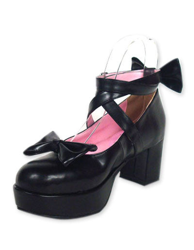 Black Ravel Round Toe PU Leather High Heels Lolita Shoes 