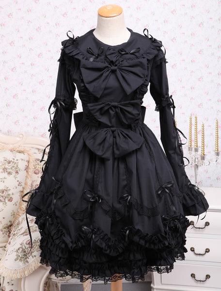 Elegant Gothic Black Cotton Lolita OP Dress Long Sleeves Lace Trim Bows Ruffles