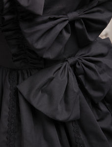 Elegant Gothic Black Cotton Lolita OP Dress Long Sleeves Lace Trim Bows Ruffles
