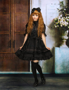 Gothic Lolita Dress OP Black Short Sleeves Shirring Lace Up Ruffles Bows Cotton Lolita One Piece Dress