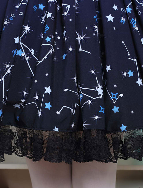 Blue Lolita Dress Sweet Constellation Printed Lolita Skirt With Black Lace Trim