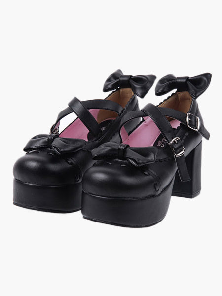 Black Lolita HeelsPU Platform Criss Cross Chunky Heel Lolita Shoes