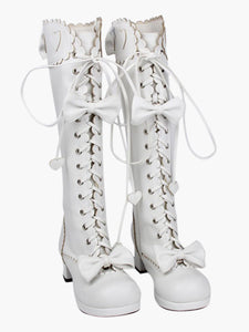 Sweet Matte White Lolita Boots Chunky Square Heels Bows Decor Shoelace