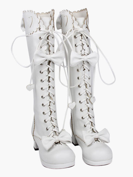 Sweet Matte White Lolita Boots Chunky Square Heels Bows Decor Shoelace