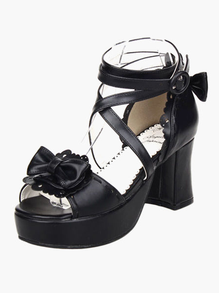 Black Lolita Sandals Chunky Heels Platform Ankle Straps Bow