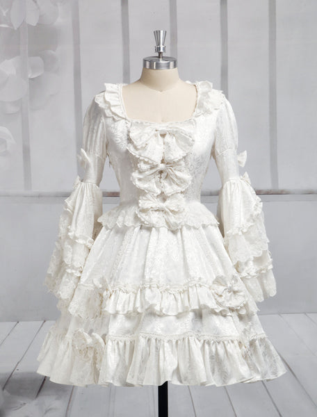 Pure White Lolita One-piece Dress Long Hime Sleeves Lace Trim Bows