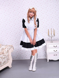 Cotton Black Maid Lolita OP Dress White Apron Short Sleeves