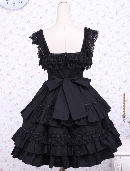 Gothic Lolita Dress JSK Black Ruffles Bow Lace Trim Lolita Jumper Skirt