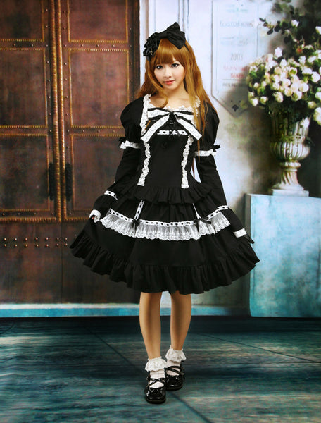 Cotton Black Lace Bow Lolita Dress Outfit