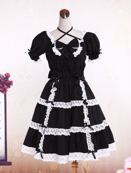 Cotton Black Lace Bow Short Sleeves Gothic Lolita Dress
