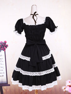 Cotton Black Lace Bow Short Sleeves Gothic Lolita Dress
