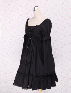 Pure Black Lolita One-piece Dress Long Sleeves Lace Up Shirring