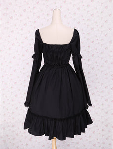 Pure Black Lolita One-piece Dress Long Sleeves Lace Up Shirring