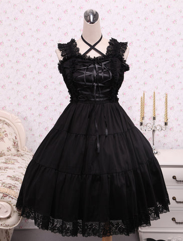 Pure Black Cotton Lolita Jumper Skirt Lace Trim Lace Up Waist Belt