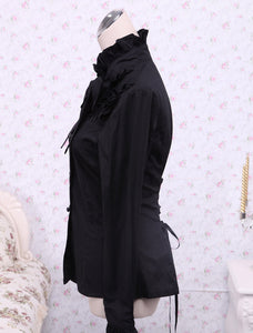 Black Cotton Lolita Blouse Long Sleeves Stand Collar Ruffles Bow