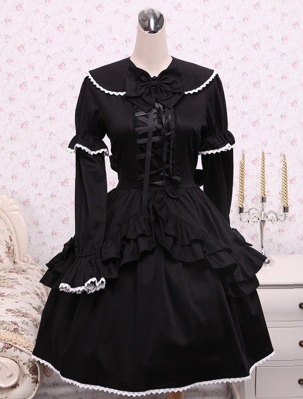 Cotton Black Loltia OP Dress Long Sleeves Lace Up Layered Ruffles Bow