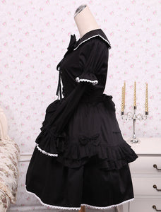 Cotton Black Loltia OP Dress Long Sleeves Lace Up Layered Ruffles Bow