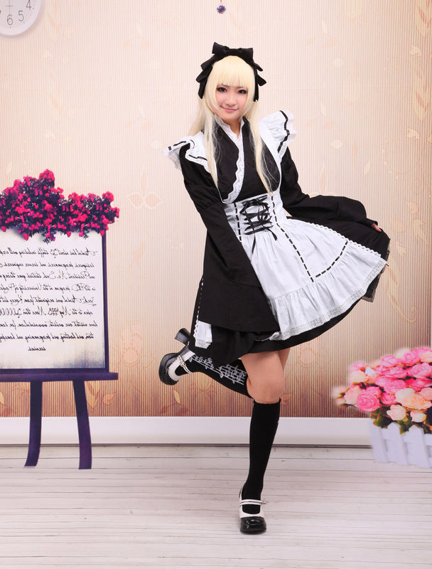 Black Cotton Lolita OP Dress and White Apron Long Sleeves with Lace Up