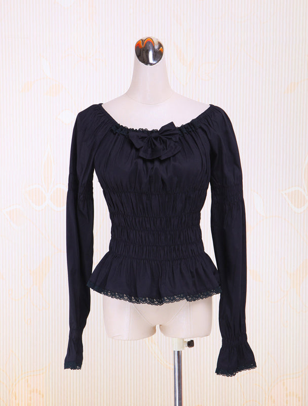 Cotton Black Lolita Blouse Long Sleeves Shirring Lace Trim Bow Round Collar