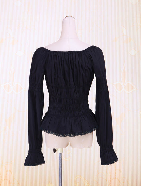 Cotton Black Lolita Blouse Long Sleeves Shirring Lace Trim Bow Round Collar