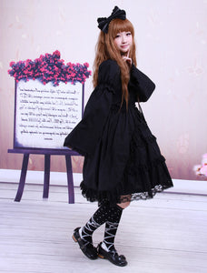 Cotton Black Lolita OP Dress Long Sleeves Lace Trim
