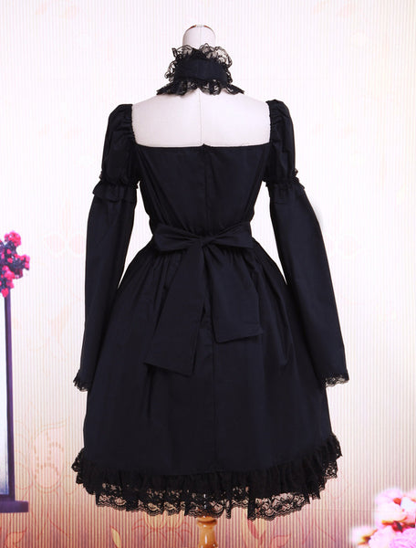 Cotton Black Lolita OP Dress Long Sleeves Lace Trim
