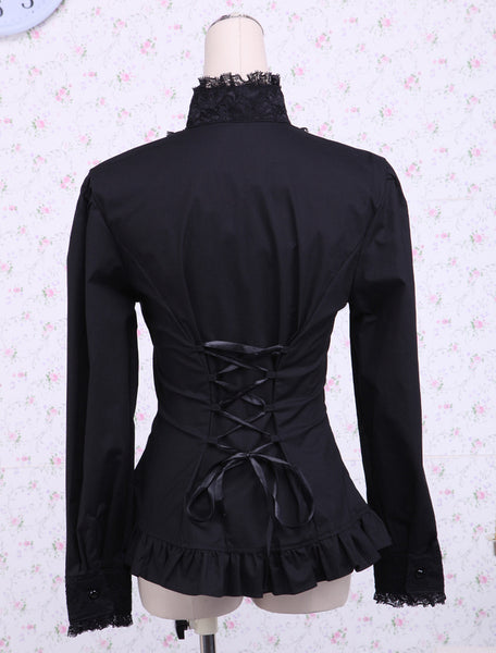 Black Cotton Lolita Blouse Stand Collar Layered Lace Trim Ruffles