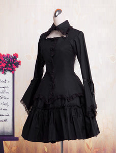 Gothic Lolita Dress OP Black Long Hime Sleeves Ruffles Lace Trim Cotton Lolita One Piece Dress