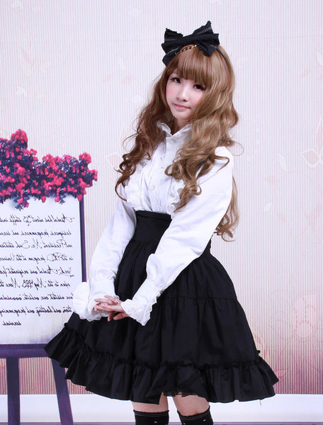 Gothic Lolita Dress SK Black High Waist Ruffles Cotton Lolita Skirt