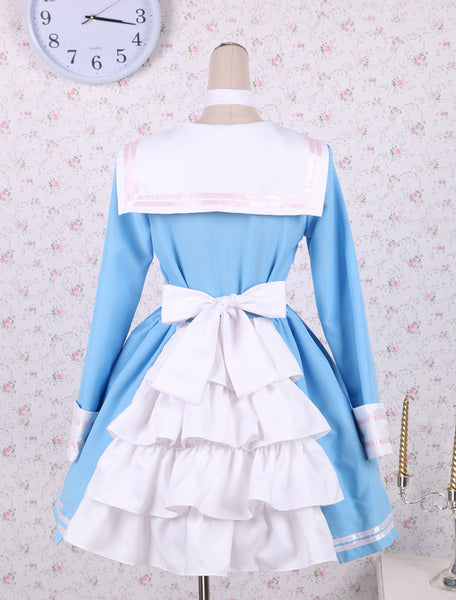 Cotton Blue Bow Long Sleeves School Lolita Dress