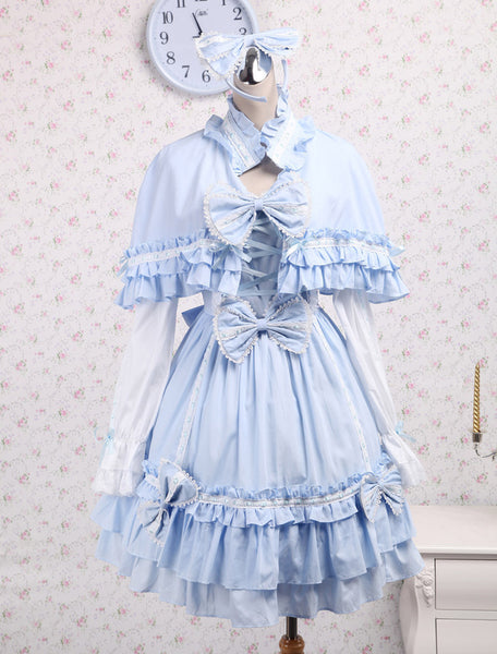 Sky Blue Cotton Lolita OP Dress and Cape with Bows and Ruffles
