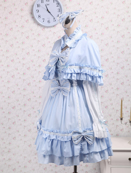 Sky Blue Cotton Lolita OP Dress and Cape with Bows and Ruffles