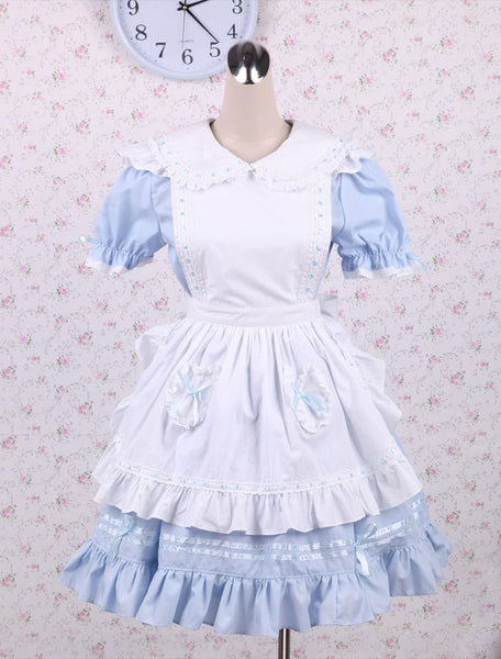 Cotton Blue Ruffles School Lolita Dress With Apron