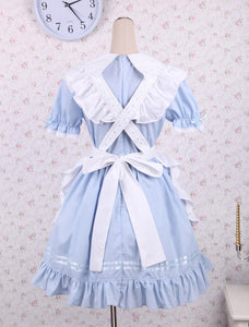 Cotton Blue Ruffles School Lolita Dress With Apron