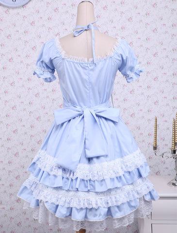 Cotton Blue Short Sleeves Bow Lace Cotton Classic Lolita Dress