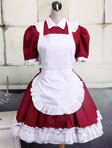 Cotton Dark Red And White Cosplay Lolita Dress With Apron