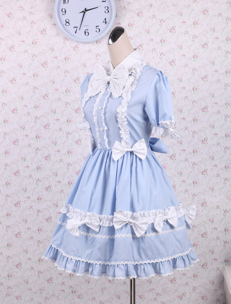 Light Blue Short Sleeves Bow Cotton Sweet Lolita Dress