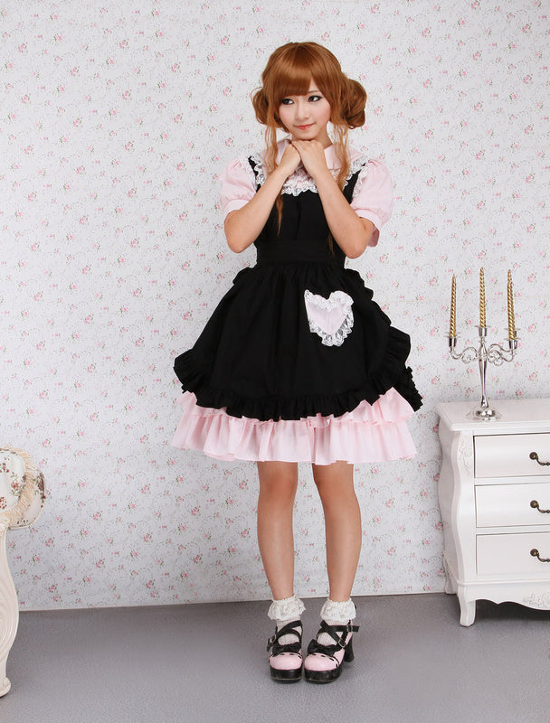 Cotton Pink And Black Lace Ruffles Punk Lolita Dress