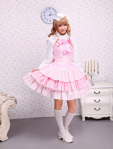 Cotton Pink Lace Front Ties Bow Sweet Lolita Dress